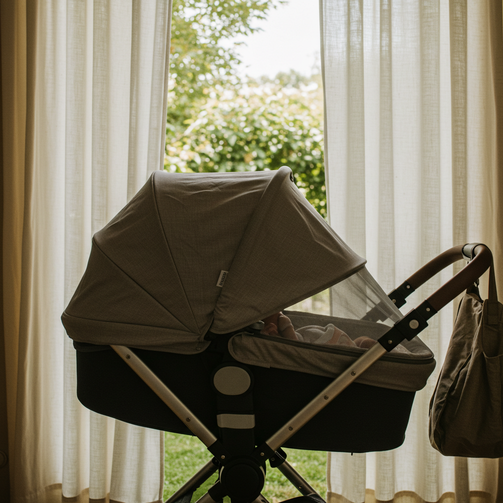 Ein Kinderwagen mit Sonnendach steht im Schatten vor einem hellen Fenster.